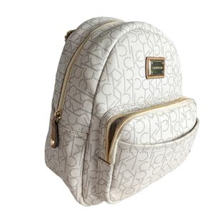 Calvin Klein Mini Backpack Purse Whitish With CK Pattern Double Strap 3 Pockets